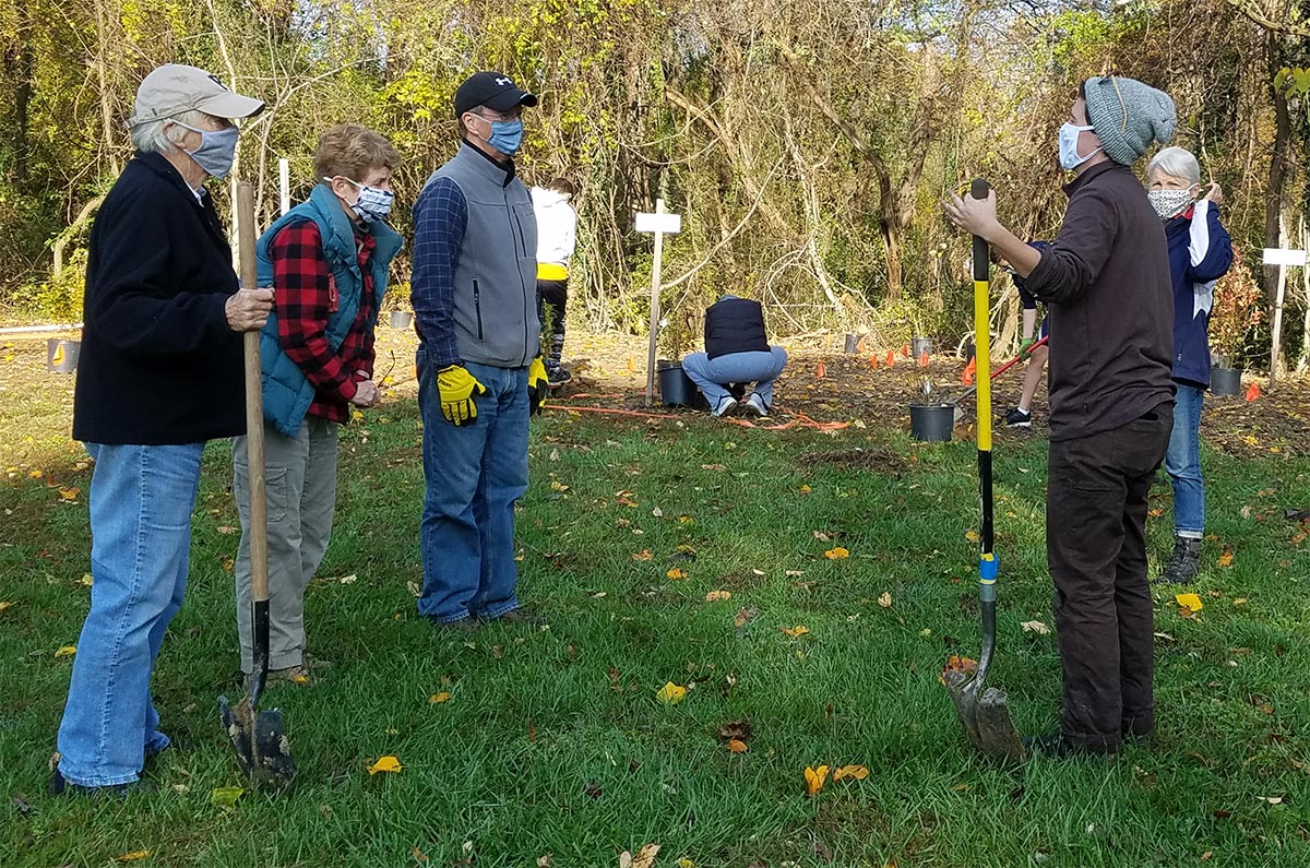 volunteers prepare for planting shrubs