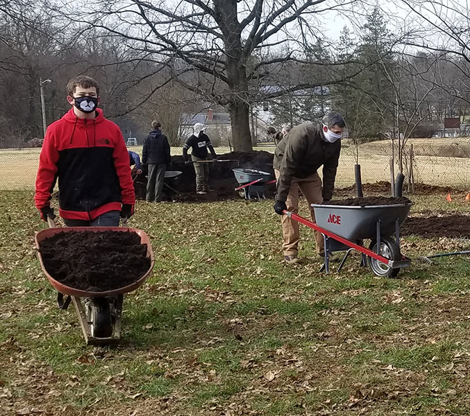 boy scouts moving mulch in wheelbarrows